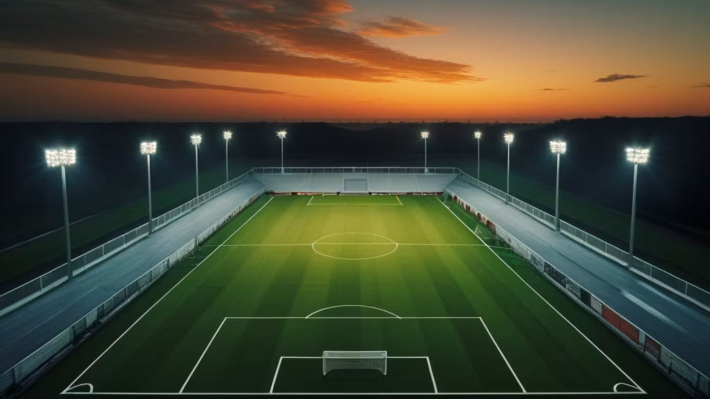 Mặt sân cỏ nhìn từ trên cao dưới ánh đèn sân vận động lúc hoàng hôn trước trận Chelsea vs Western Sydney Wanderers